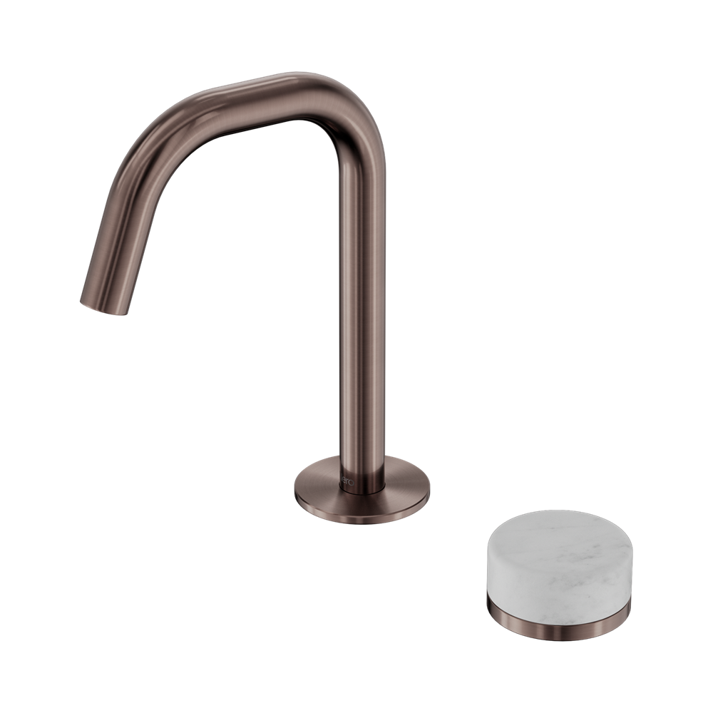 NERO SERENITY PROGRESSIVE BASIN MIXER EDGE SPOUT WITH CARRARA HANDLE 210MM BRUSHED BRONZE