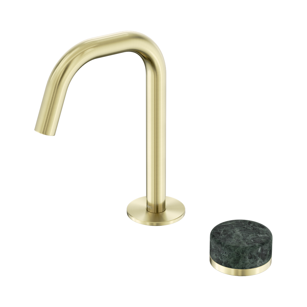 NERO SERENITY PROGRESSIVE BASIN MIXER EDGE SPOUT WITH VERDE ALPI HANDLE 210MM BRUSHED GOLD