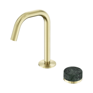 NERO SERENITY PROGRESSIVE BASIN MIXER EDGE SPOUT WITH VERDE ALPI HANDLE 210MM BRUSHED GOLD