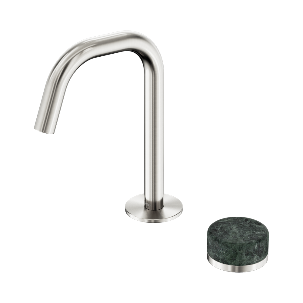 NERO SERENITY PROGRESSIVE BASIN MIXER EDGE SPOUT WITH VERDE ALPI HANDLE 210MM BRUSHED NICKEL