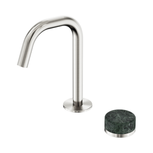 NERO SERENITY PROGRESSIVE BASIN MIXER EDGE SPOUT WITH VERDE ALPI HANDLE 210MM BRUSHED NICKEL