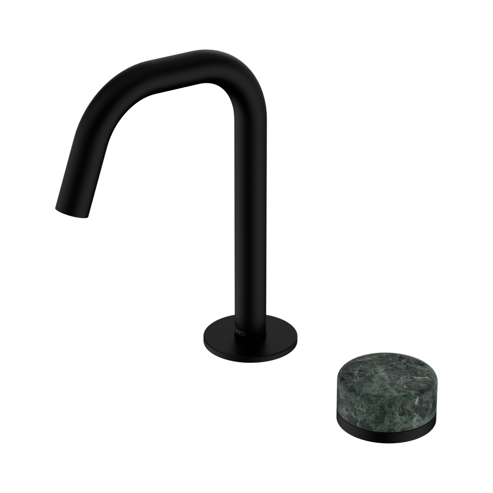NERO SERENITY PROGRESSIVE BASIN MIXER EDGE SPOUT WITH VERDE ALPI HANDLE 210MM MATTE BLACK