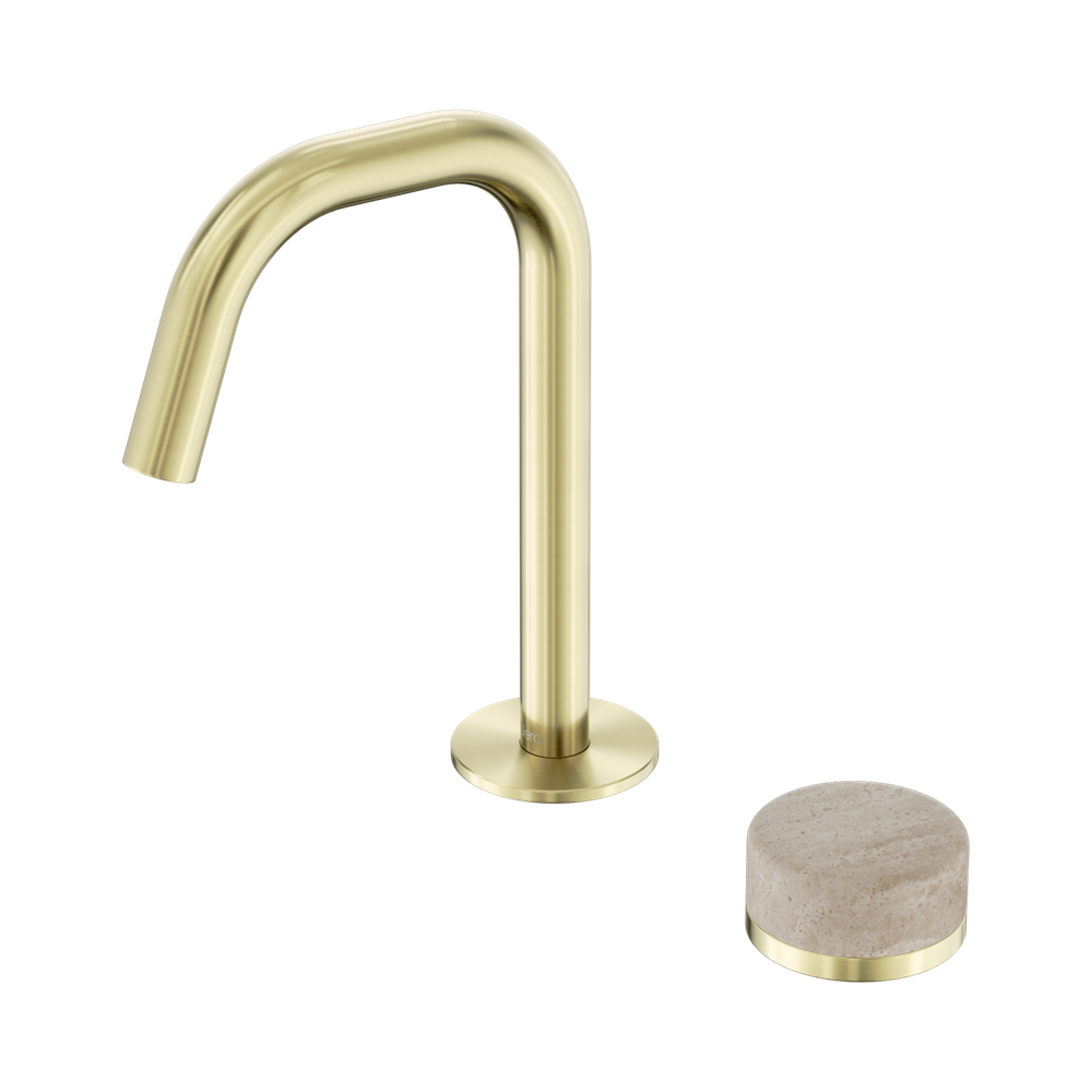 NERO SERENITY PROGRESSIVE BASIN MIXER EDGE SPOUT WITH ROME TRAVERTINE HANDLE 210MM BRUSHED GOLD
