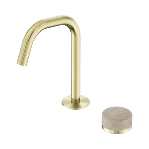 NERO SERENITY PROGRESSIVE BASIN MIXER EDGE SPOUT WITH ROME TRAVERTINE HANDLE 210MM BRUSHED GOLD