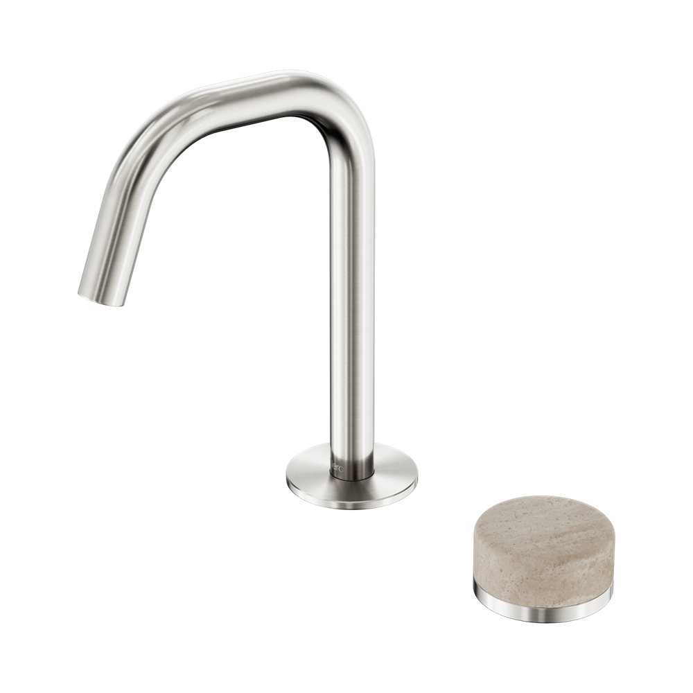 NERO SERENITY PROGRESSIVE BASIN MIXER EDGE SPOUT WITH ROME TRAVERTINE HANDLE 210MM BRUSHED NICKEL
