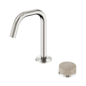 NERO SERENITY PROGRESSIVE BASIN MIXER EDGE SPOUT WITH ROME TRAVERTINE HANDLE 210MM BRUSHED NICKEL