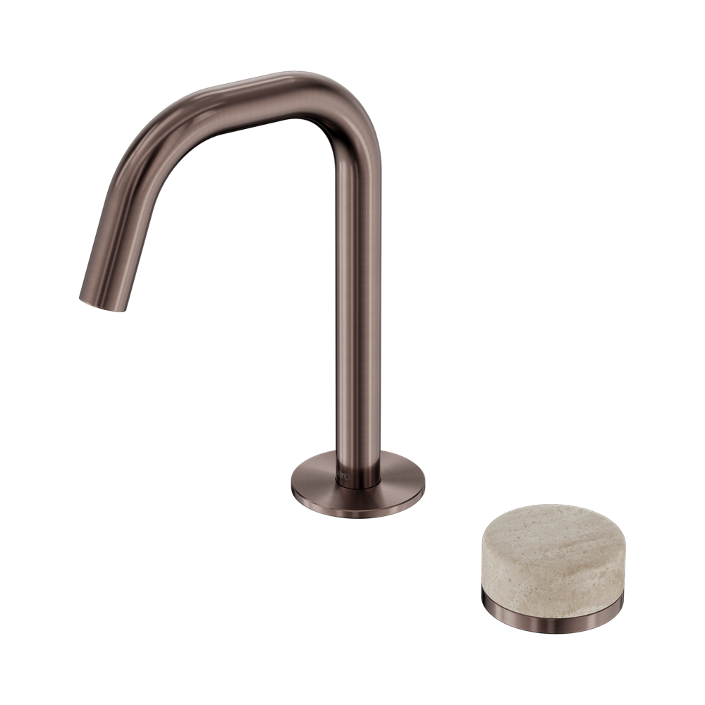 NERO SERENITY PROGRESSIVE BASIN MIXER EDGE SPOUT WITH ROME TRAVERTINE HANDLE 210MM BRUSHED BRONZE