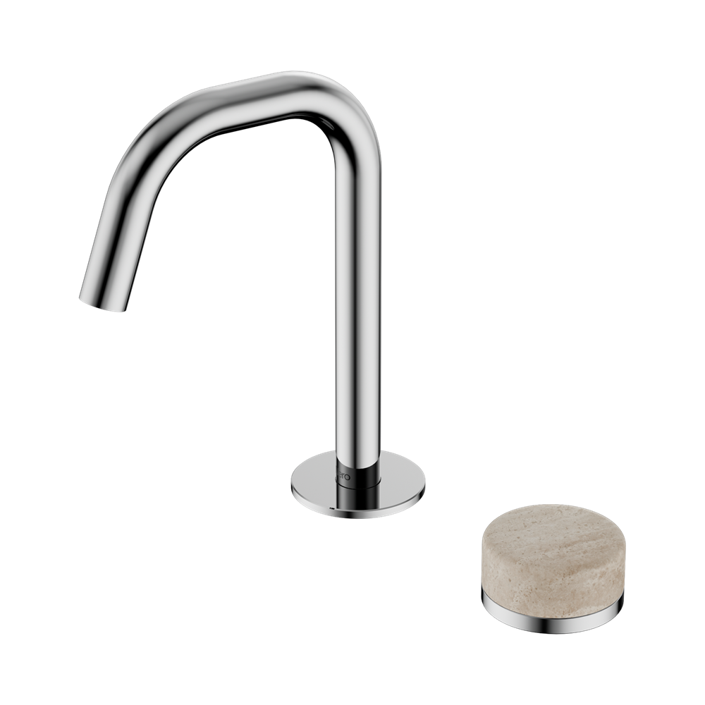 NERO SERENITY PROGRESSIVE BASIN MIXER EDGE SPOUT WITH ROME TRAVERTINE HANDLE 210MM CHROME