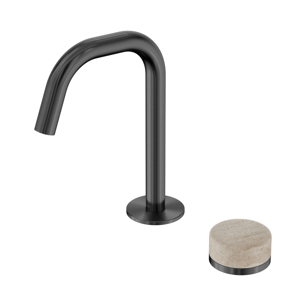 NERO SERENITY PROGRESSIVE BASIN MIXER EDGE SPOUT WITH ROME TRAVERTINE HANDLE 210MM GUN METAL
