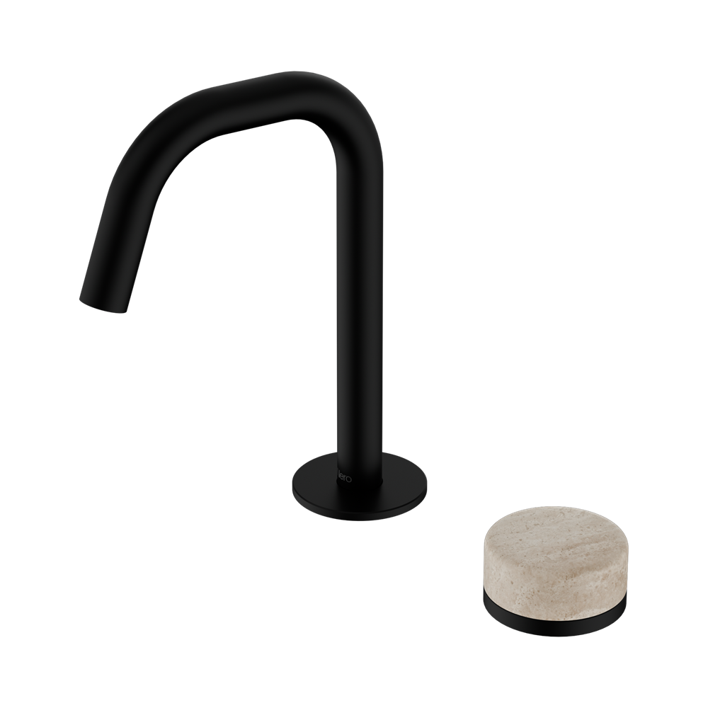 NERO SERENITY PROGRESSIVE BASIN MIXER EDGE SPOUT WITH ROME TRAVERTINE HANDLE 210MM MATTE BLACK