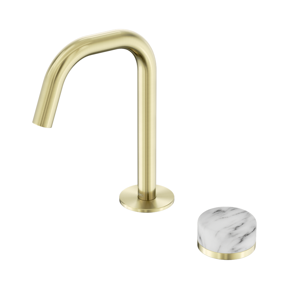 NERO SERENITY PROGRESSIVE BASIN MIXER EDGE SPOUT WITH ARABESCATO CORCHIA HANDLE 210MM BRUSHED GOLD