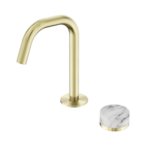 NERO SERENITY PROGRESSIVE BASIN MIXER EDGE SPOUT WITH ARABESCATO CORCHIA HANDLE 210MM BRUSHED GOLD