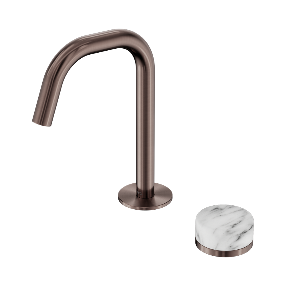 NERO SERENITY PROGRESSIVE BASIN MIXER EDGE SPOUT WITH ARABESCATO CORCHIA HANDLE 210MM BRUSHED BRONZE