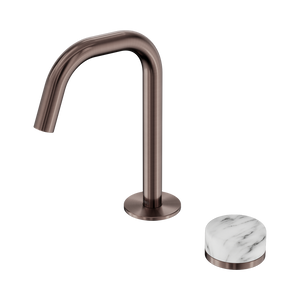 NERO SERENITY PROGRESSIVE BASIN MIXER EDGE SPOUT WITH ARABESCATO CORCHIA HANDLE 210MM BRUSHED BRONZE