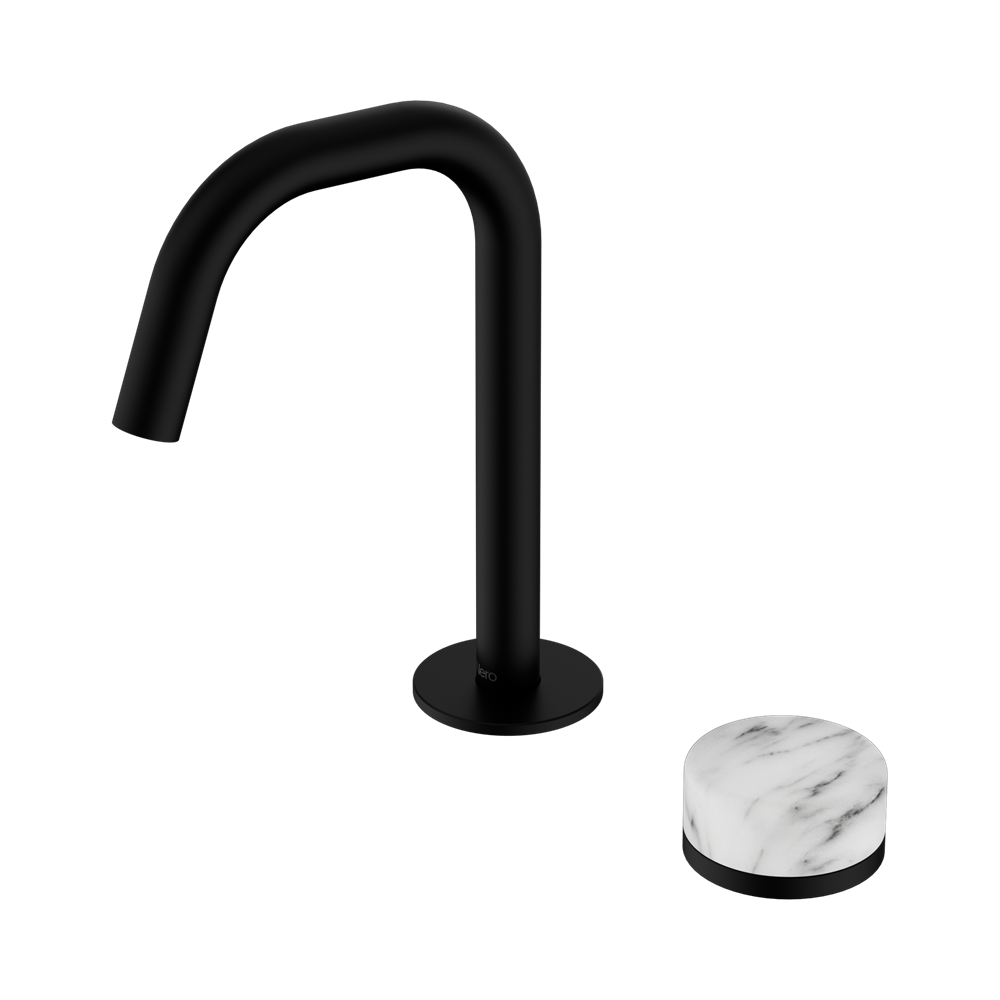 NERO SERENITY PROGRESSIVE BASIN MIXER EDGE SPOUT WITH CARRARA HANDLE 210MM MATTE BLACK