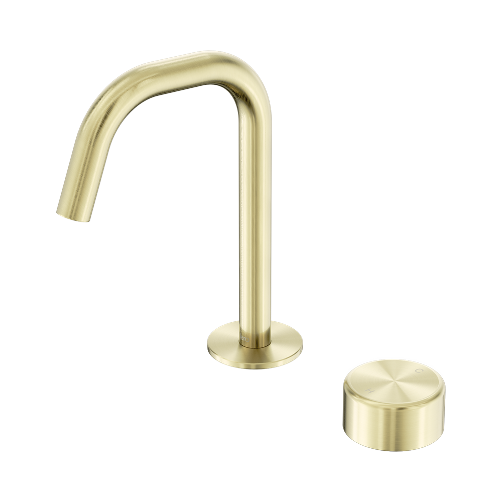 NERO SERENITY PROGRESSIVE BASIN MIXER EDGE SPOUT WITH METAL HANDLE 210MM BRUSHED GOLD