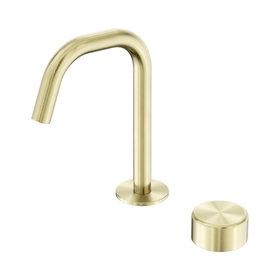 NERO SERENITY PROGRESSIVE BASIN MIXER EDGE SPOUT WITH METAL HANDLE 210MM BRUSHED GOLD