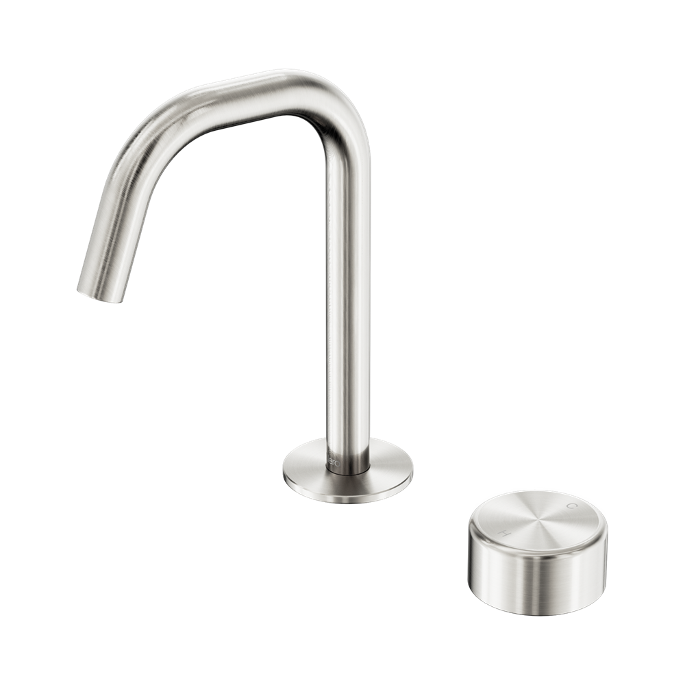 NERO SERENITY PROGRESSIVE BASIN MIXER EDGE SPOUT WITH METAL HANDLE 210MM BRUSHED NICKEL