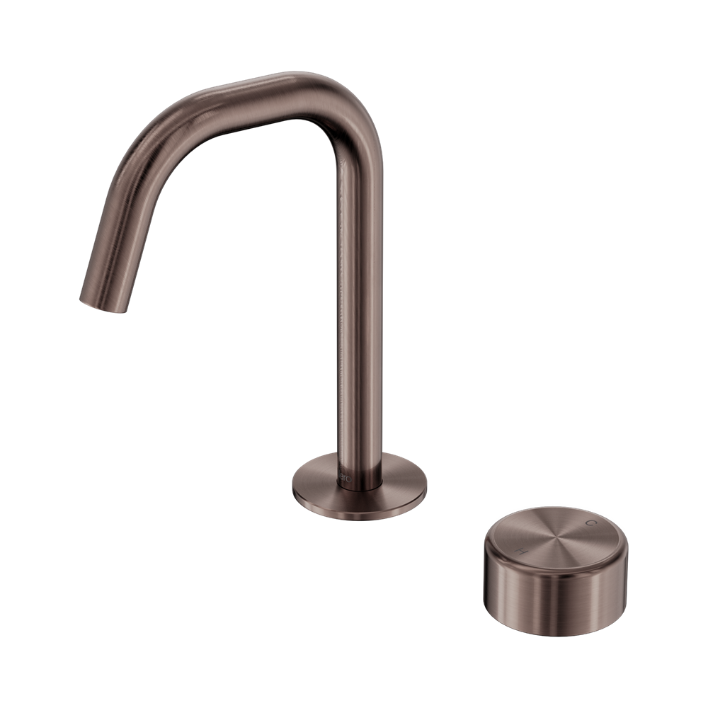NERO SERENITY PROGRESSIVE BASIN MIXER EDGE SPOUT WITH METAL HANDLE 210MM BRUSHED BRONZE