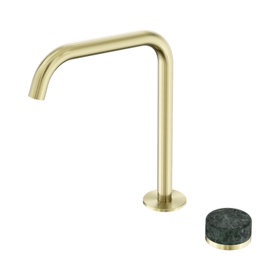 NERO SERENITY PROGRESSIVE BATH/KITCHEN MIXER EDGE SPOUT WITH VERDE ALPI HANDLE 270MM BRUSHED GOLD