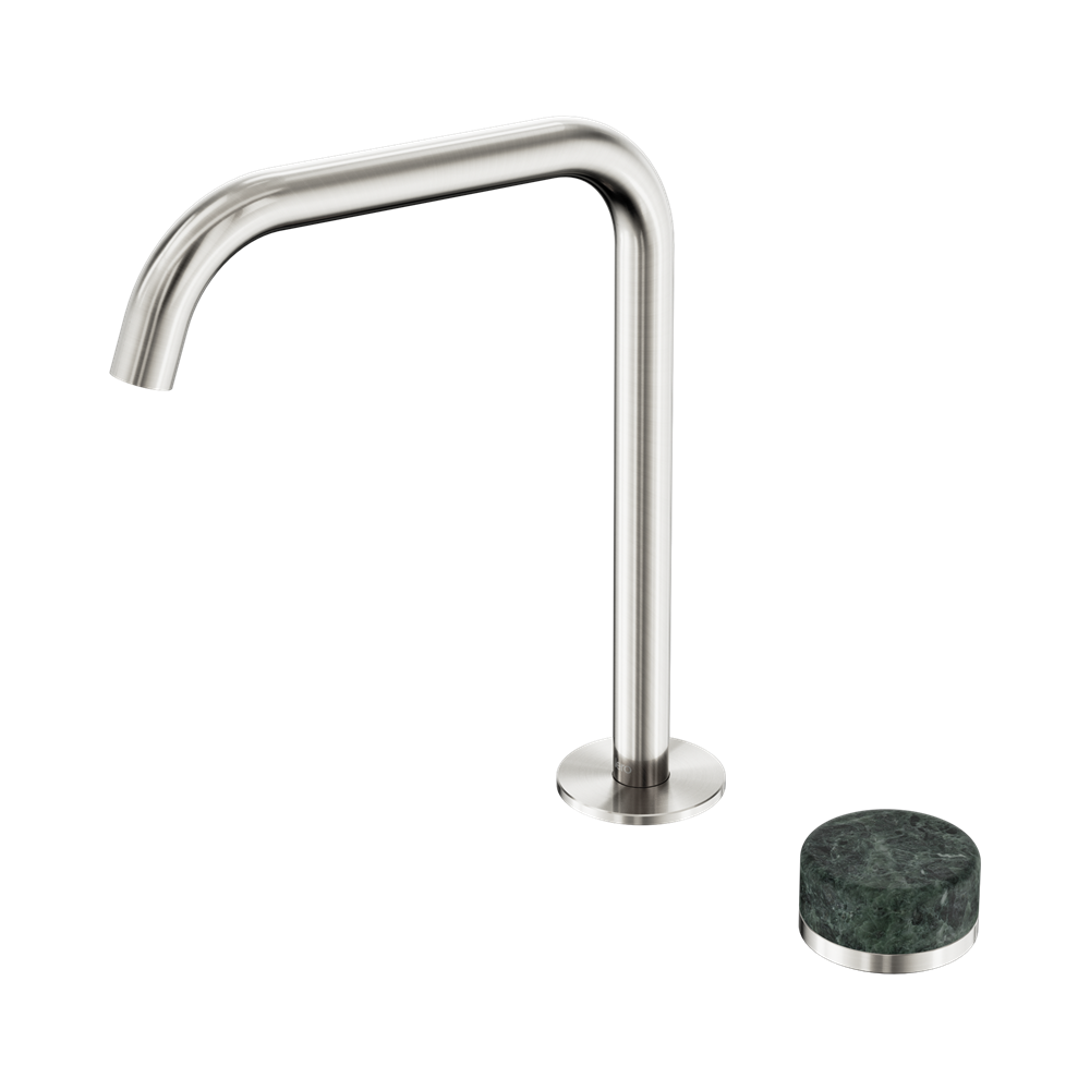 NERO SERENITY PROGRESSIVE BATH/KITCHEN MIXER EDGE SPOUT WITH VERDE ALPI HANDLE 270MM BRUSHED NICKEL