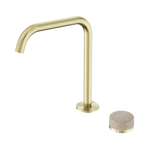 NERO SERENITY PROGRESSIVE BATH/KITCHEN MIXER EDGE SPOUT WITH ROME TRAVERTINE HANDLE 270MM BRUSHED GOLD