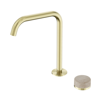 NERO SERENITY PROGRESSIVE BATH/KITCHEN MIXER EDGE SPOUT WITH ROME TRAVERTINE HANDLE 270MM BRUSHED GOLD