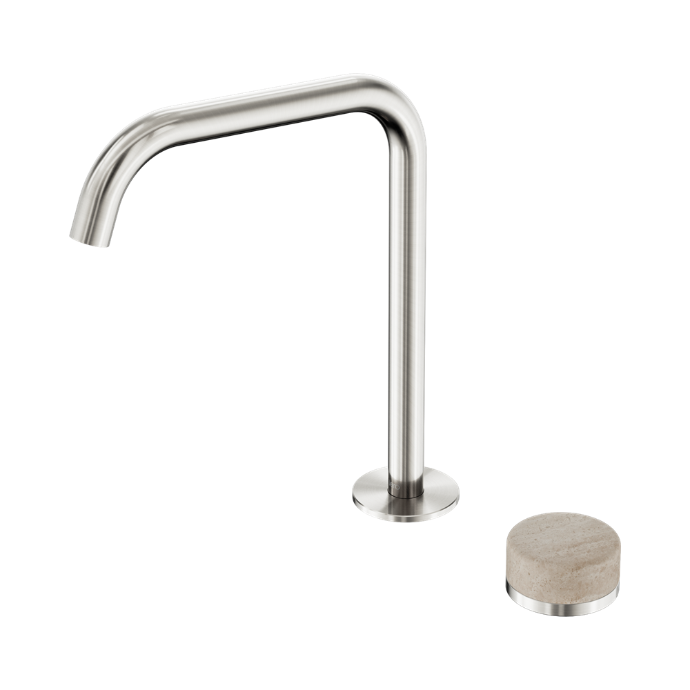 NERO SERENITY PROGRESSIVE BATH/KITCHEN MIXER EDGE SPOUT WITH ROME TRAVERTINE HANDLE 270MM BRUSHED NICKEL