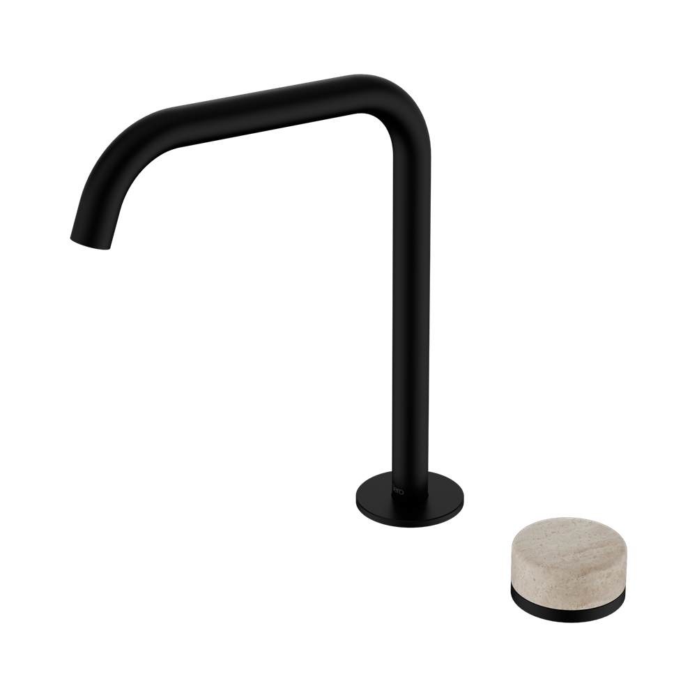 NERO SERENITY PROGRESSIVE BATH/KITCHEN MIXER EDGE SPOUT WITH ROME TRAVERTINE HANDLE 270MM MATTE BLACK