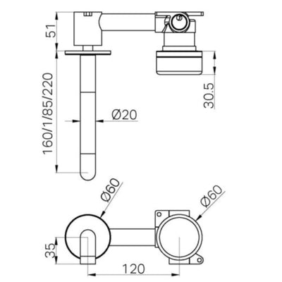 NERO SERENITY PROGRESSIVE WALL BASIN MIXER SPOUT WITH ROME TRAVERTINE HANDLE BRUSHED BRONZE (AVAILABLE IN 160MM, 185MM AND 220MM)