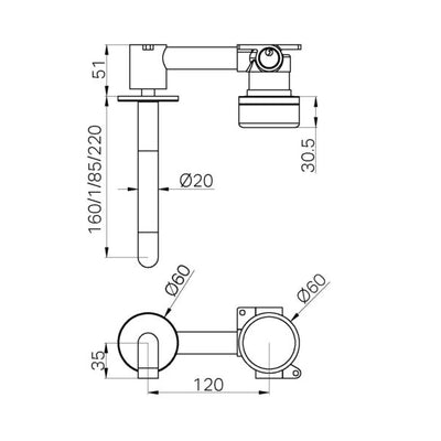NERO SERENITY PROGRESSIVE WALL BASIN MIXER SPOUT WITH ROME TRAVERTINE HANDLE BRUSHED GOLD (AVAILABLE IN 160MM, 185MM AND 220MM)