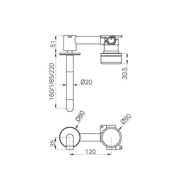 NERO SERENITY PROGRESSIVE WALL BASIN MIXER SPOUT WITH ROME TRAVERTINE HANDLE CHROME (AVAILABLE IN 160MM, 185MM AND 220MM)