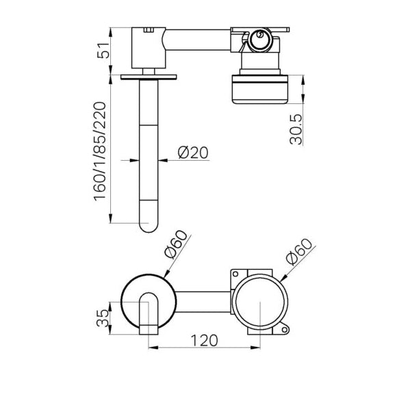 NERO SERENITY PROGRESSIVE WALL BASIN MIXER SPOUT WITH METAL HANDLE BRUSHED BRONZE (AVAILABLE IN 160MM, 185MM AND 220MM)