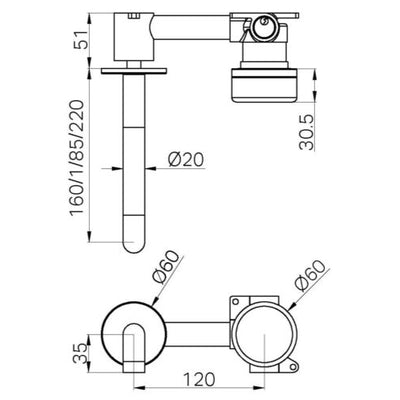 NERO SERENITY PROGRESSIVE WALL BASIN MIXER SPOUT WITH ARABESCATO CORCHIA HANDLE BRUSHED GOLD (AVAILABLE IN 160MM, 185MM AND 220MM)
