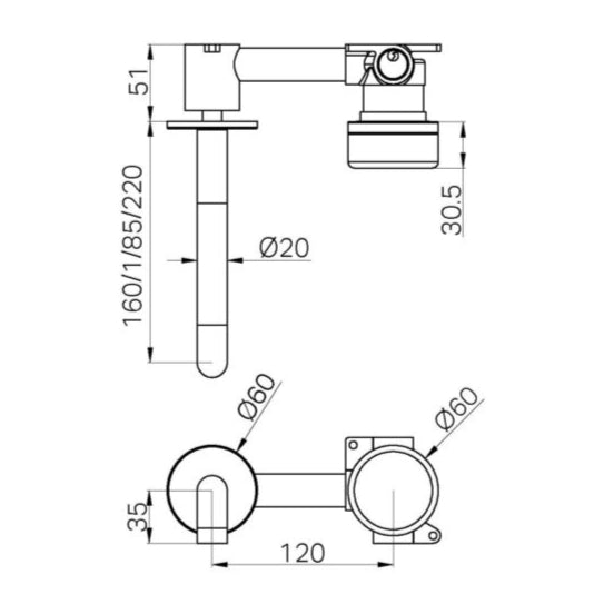 NERO SERENITY PROGRESSIVE WALL BASIN MIXER SPOUT WITH METAL HANDLE BRUSHED NICKEL (AVAILABLE IN 160MM, 185MM AND 220MM)