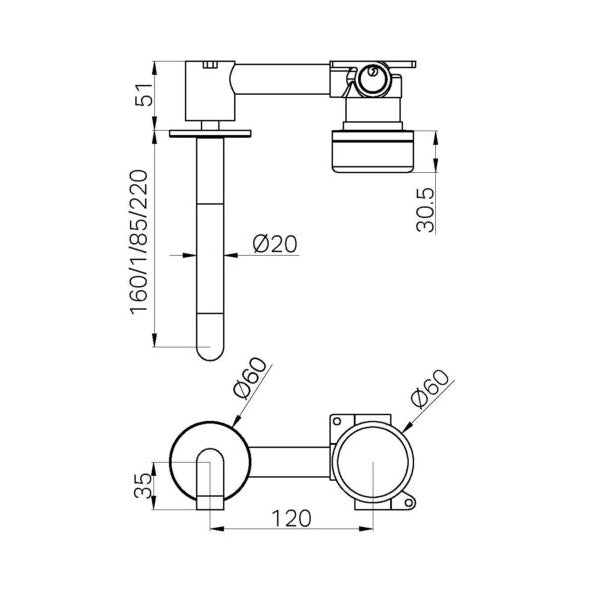 NERO SERENITY PROGRESSIVE WALL BASIN MIXER SPOUT WITH METAL HANDLE CHROME (AVAILABLE IN 160MM, 185MM AND 220MM)
