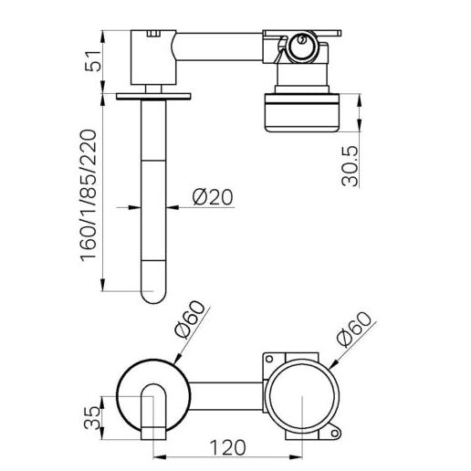 NERO SERENITY PROGRESSIVE WALL BASIN MIXER SPOUT WITH METAL HANDLE GUN METAL (AVAILABLE IN 160MM, 185MM AND 220MM)