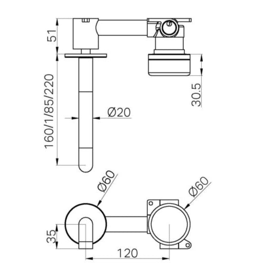NERO SERENITY PROGRESSIVE WALL BASIN MIXER SPOUT WITH ARABESCATO CORCHIA HANDLE BRUSHED NICKEL (AVAILABLE IN 160MM, 185MM AND 220MM)