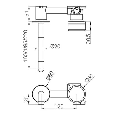 NERO SERENITY PROGRESSIVE WALL BASIN MIXER SPOUT WITH ARABESCATO CORCHIA HANDLE CHROME (AVAILABLE IN 160MM, 185MM AND 220MM)