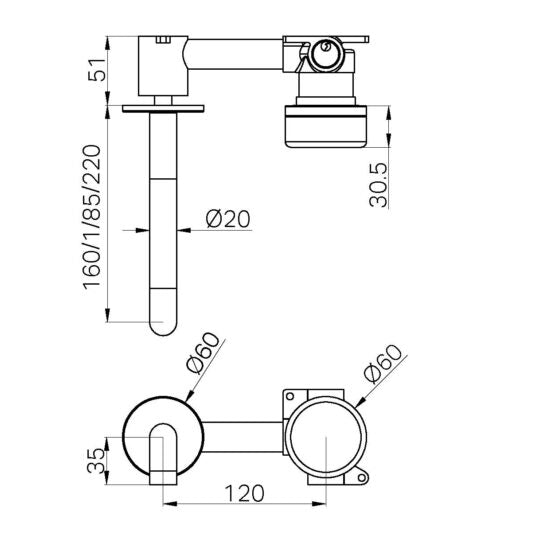 NERO SERENITY PROGRESSIVE WALL BASIN MIXER SPOUT WITH  VERDE ALPI HANDLE  BRUSHED GOLD (AVAILABLE IN 160MM, 185MM AND 220MM)