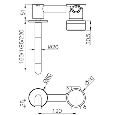 NERO SERENITY PROGRESSIVE WALL BASIN MIXER SPOUT WITH ARABESCATO CORCHIA HANDLE GUN METAL (AVAILABLE IN 160MM, 185MM AND 220MM)