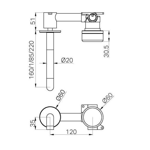 NERO SERENITY PROGRESSIVE WALL BASIN MIXER SPOUT WITH  VERDE ALPI HANDLE CHROME (AVAILABLE IN 160MM, 185MM AND 220MM)