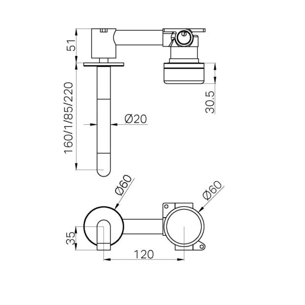 NERO SERENITY PROGRESSIVE WALL BASIN MIXER SPOUT WITH  VERDE ALPI HANDLE GUN METAL (AVAILABLE IN 160MM, 185MM AND 220MM)