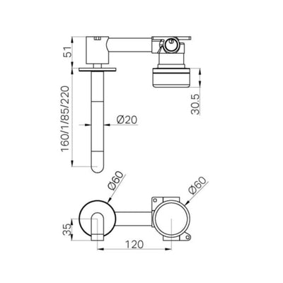 NERO SERENITY PROGRESSIVE WALL BASIN MIXER SPOUT WITH MARQUINA BLACK HANDLE BRUSHED GOLD (AVAILABLE IN 160MM, 185MM AND 220MM)