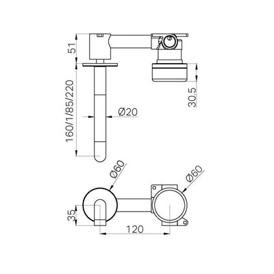 NERO SERENITY PROGRESSIVE WALL BASIN MIXER SPOUT WITH MARQUINA BLACK HANDLE BRUSHED NICKEL (AVAILABLE IN 160MM, 185MM AND 220MM)