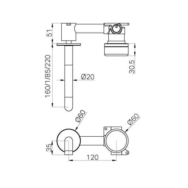 NERO SERENITY PROGRESSIVE WALL BASIN MIXER SPOUT WITH MARQUINA BLACK HANDLE BRUSHED NICKEL (AVAILABLE IN 160MM, 185MM AND 220MM)