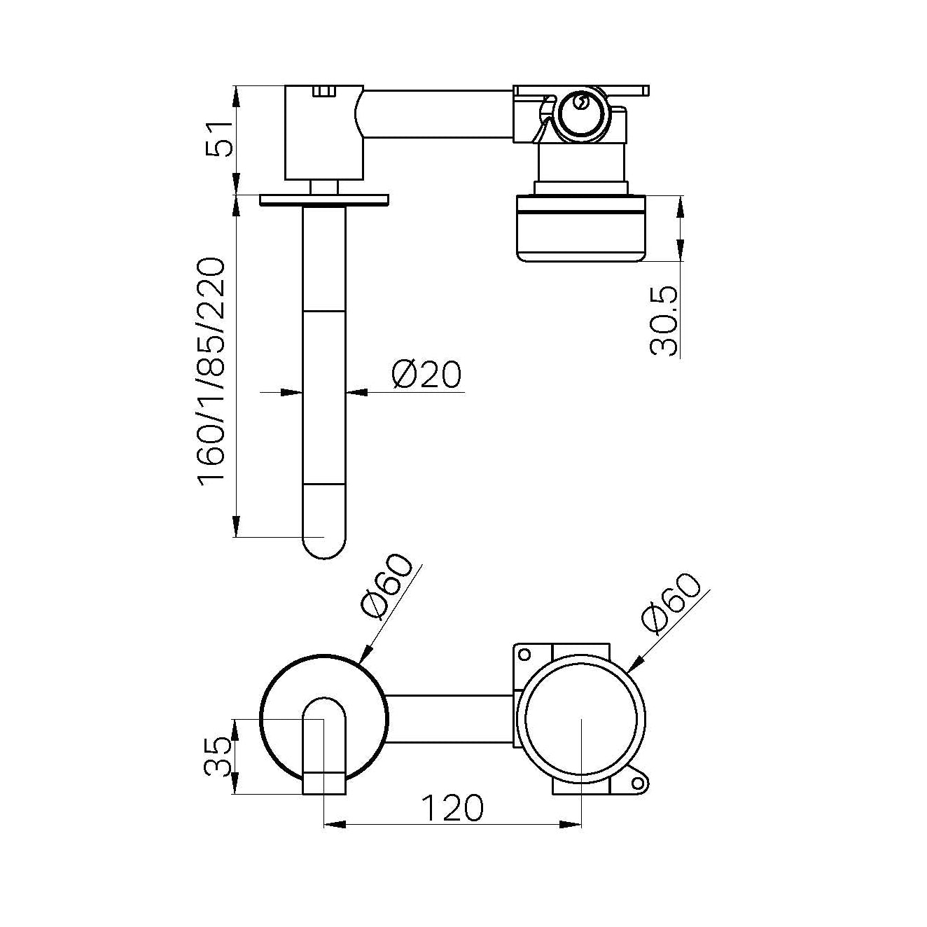 NERO SERENITY PROGRESSIVE WALL BASIN MIXER SPOUT WITH  VERDE ALPI HANDLE BRUSHED NICKEL (AVAILABLE IN 160MM, 185MM AND 220MM)