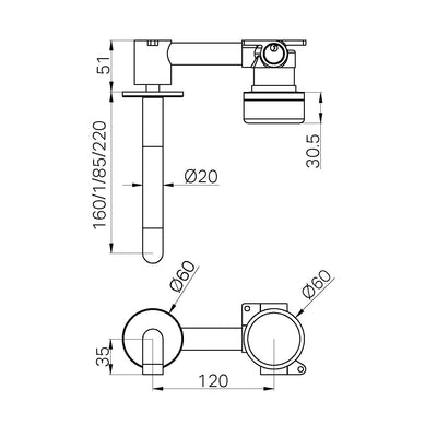 NERO SERENITY PROGRESSIVE WALL BASIN MIXER SPOUT WITH  VERDE ALPI HANDLE BRUSHED NICKEL (AVAILABLE IN 160MM, 185MM AND 220MM)