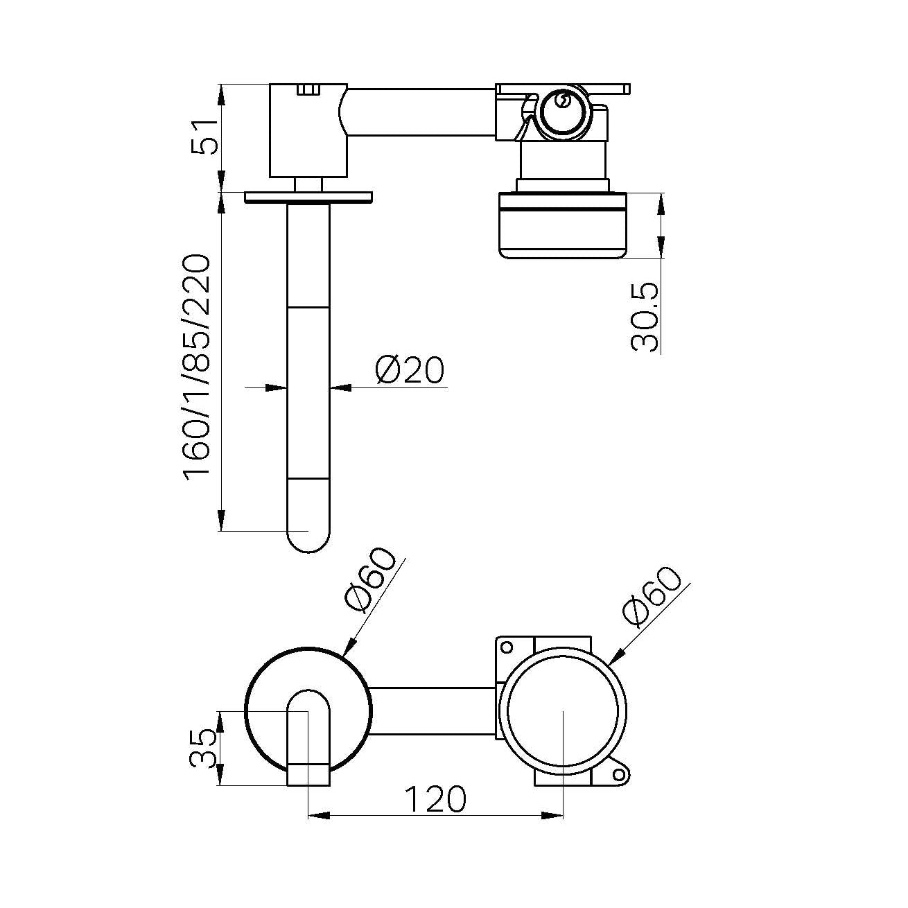 NERO SERENITY PROGRESSIVE WALL BASIN MIXER SPOUT WITH METAL HANDLE BRUSHED GOLD (AVAILABLE IN 160MM, 185MM AND 220MM)