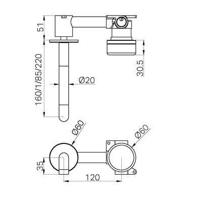 NERO SERENITY PROGRESSIVE WALL BASIN MIXER SPOUT WITH MARQUINA BLACK HANDLE MATTE BLACK (AVAILABLE IN 160MM, 185MM AND 220MM)